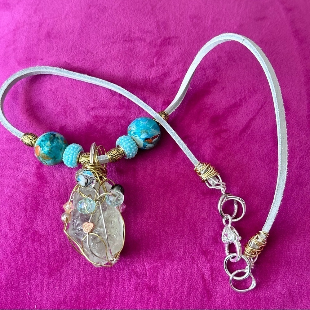 RUBYRUDI Beach Glass Pendant Necklace Handmade OOAK Wire Wrapped Leather Cord